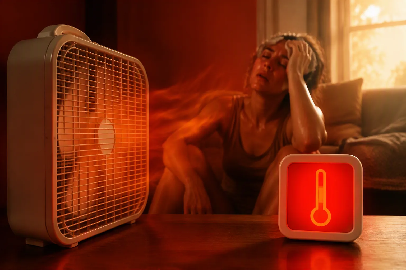 A box fan beside an indoor thermometer reading above 90°F
