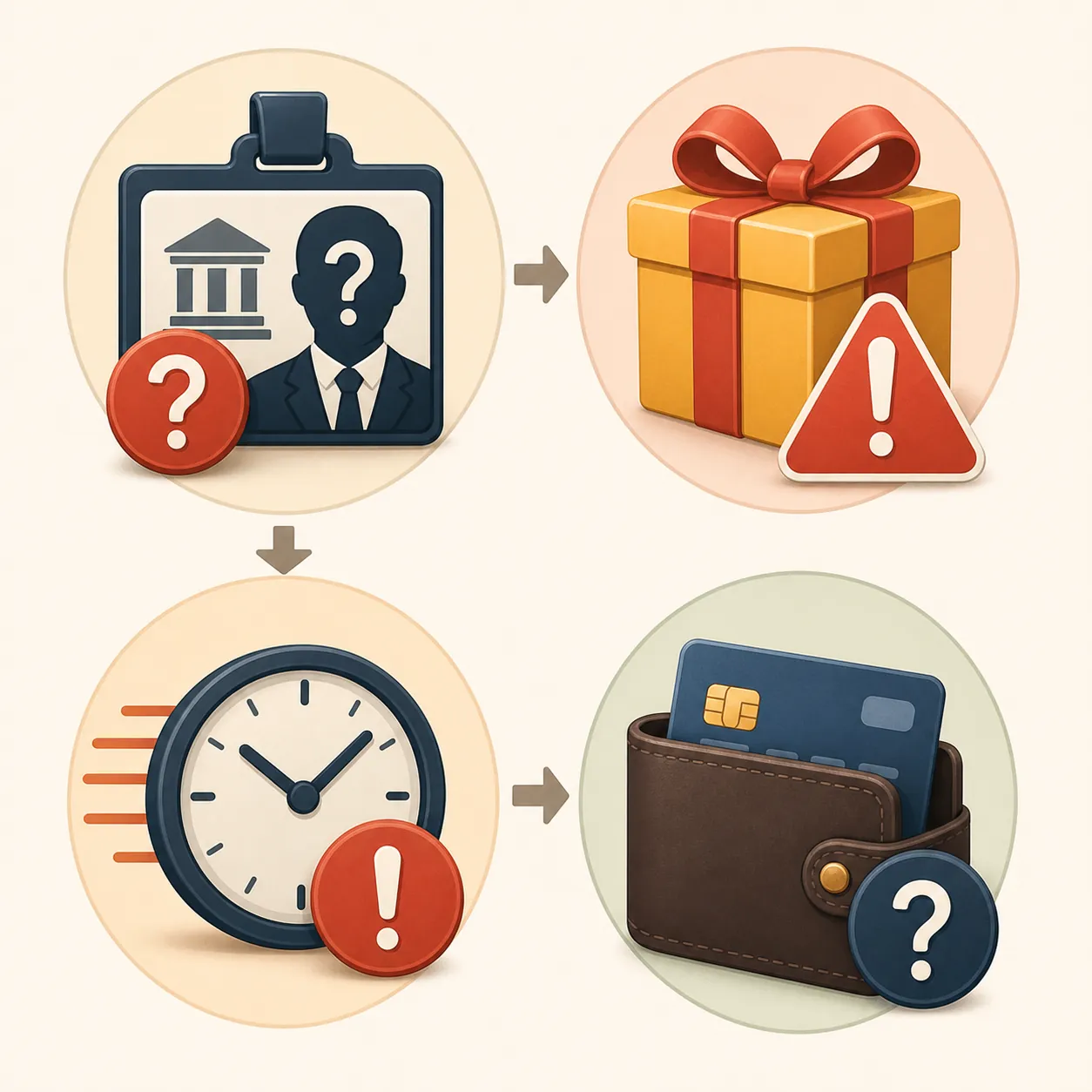 Infographic-style icons showing four universal scam red flags