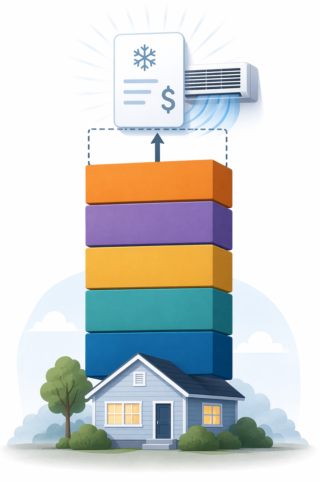 Layered assistance programs stacked above a house and cooling bill icon