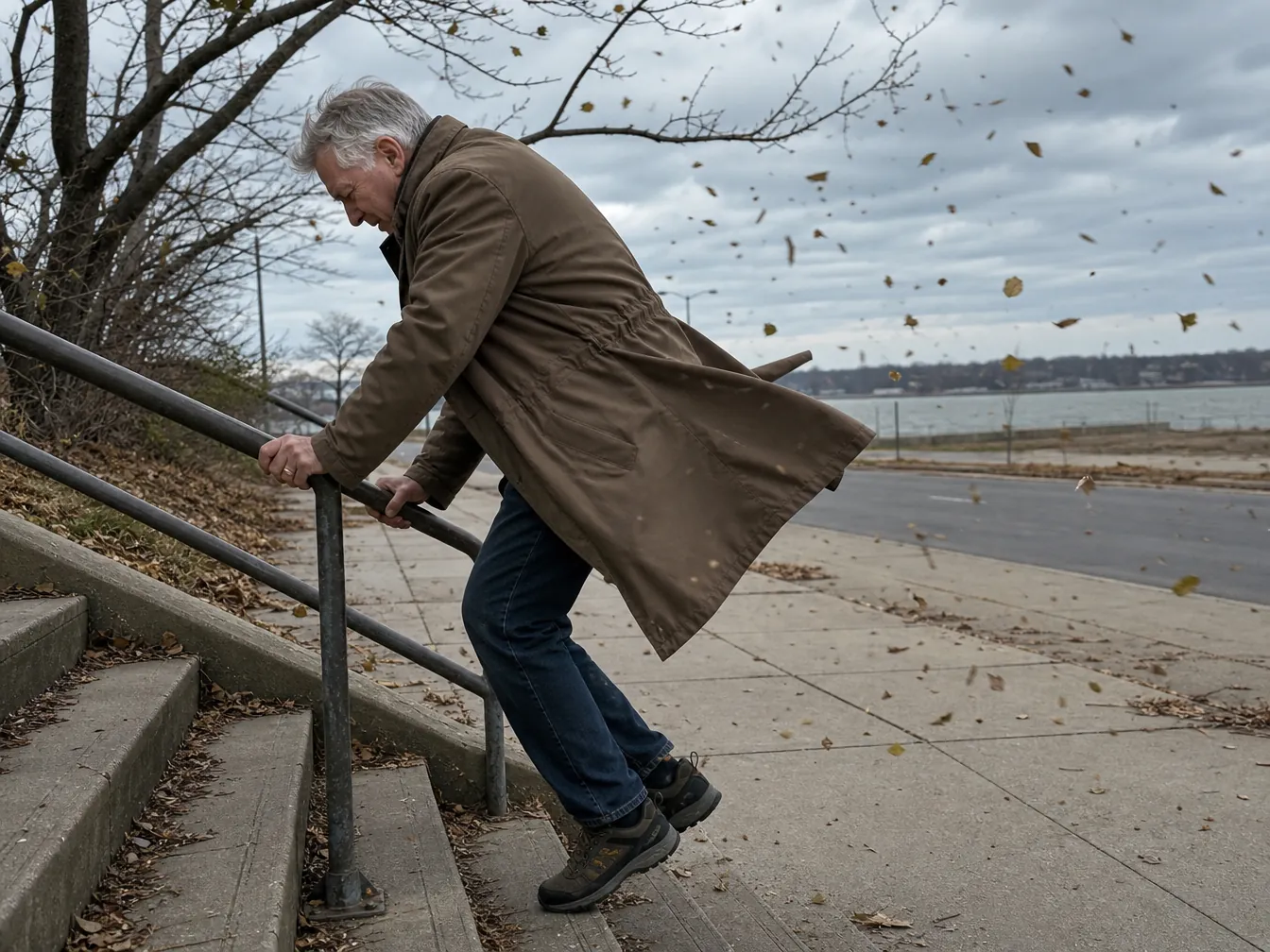 Older adult man gripping an outdoor handrail while descending concrete steps on a windy day