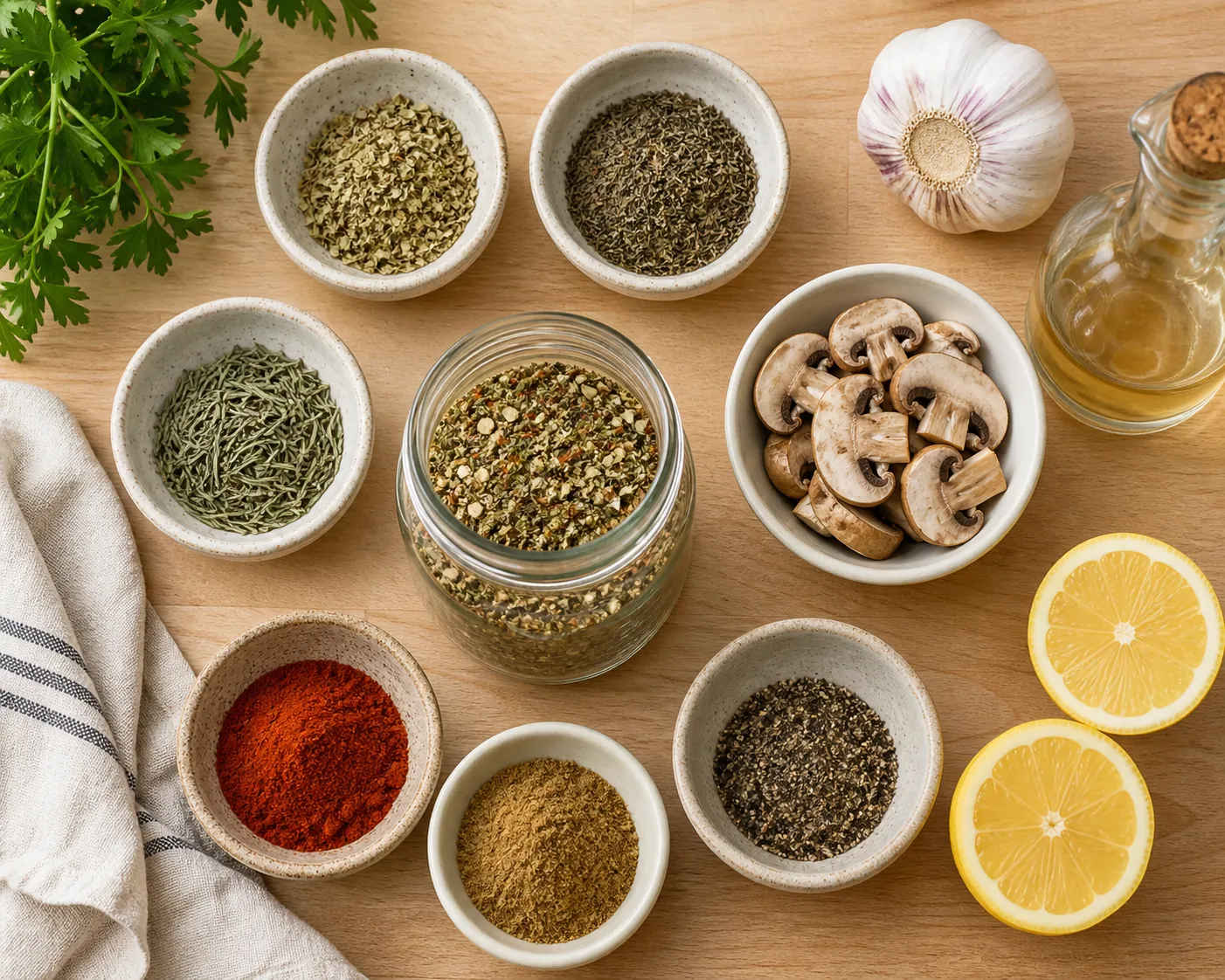 A salt-free seasoning toolkit with dried herbs, spices, lemon, garlic, vinegar, and mushrooms on a wooden counter