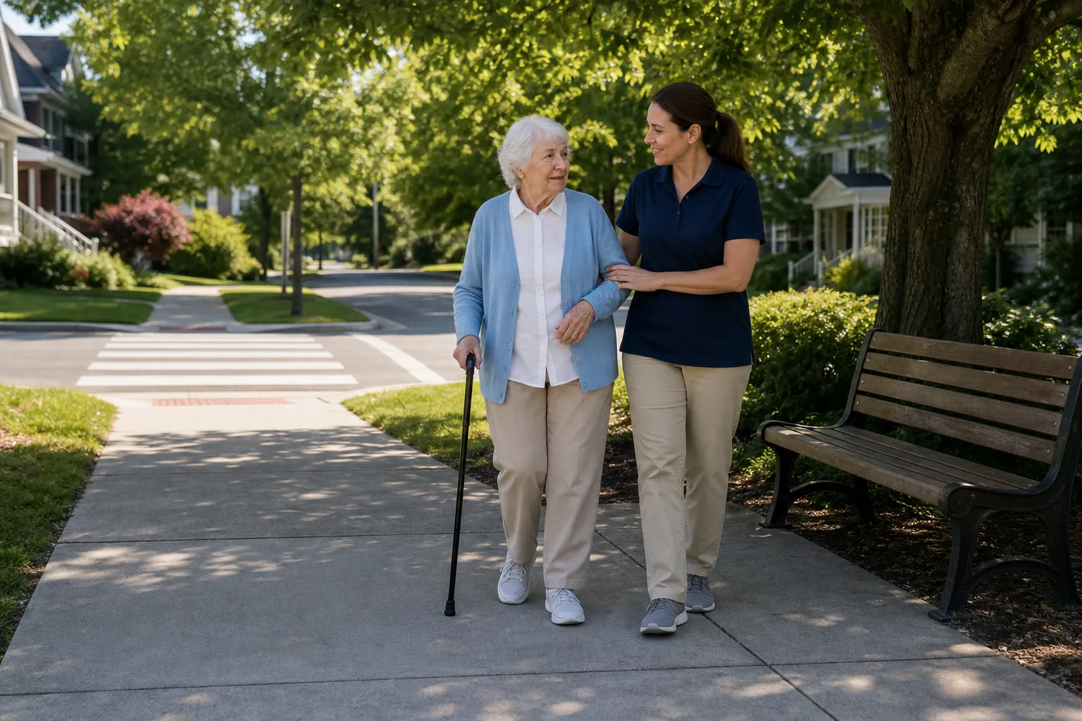 Older adult and caregiver walking on a smooth shaded sidewalk with a curb-cut ramp, marked crosswalk, and bench nearby