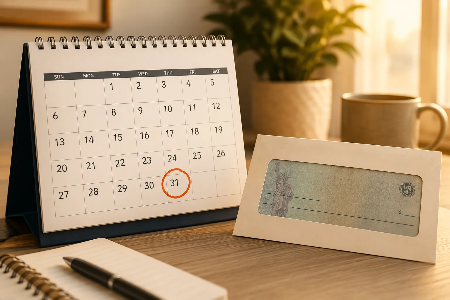 Calendar open to late December 2026 with December 31 circled beside a benefits envelope