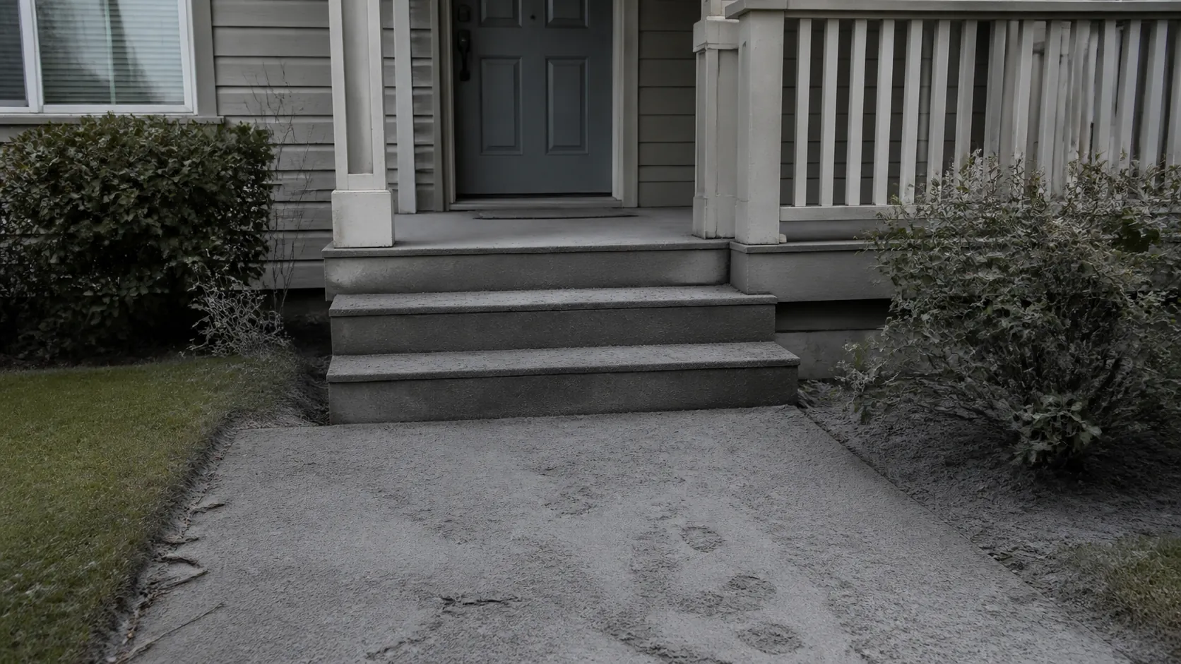 Residential front walkway and low steps covered in a thin damp layer of gray volcanic ash