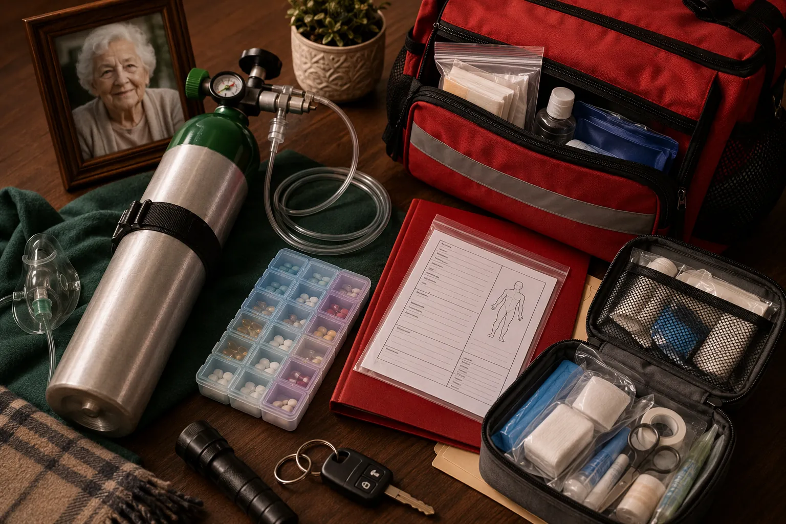 Portable oxygen tank, medication organizer, vial-of-life folder, and emergency go-bag arranged on a table