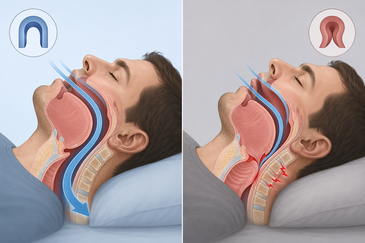 Clinical illustration comparing an open airway with an obstructed airway