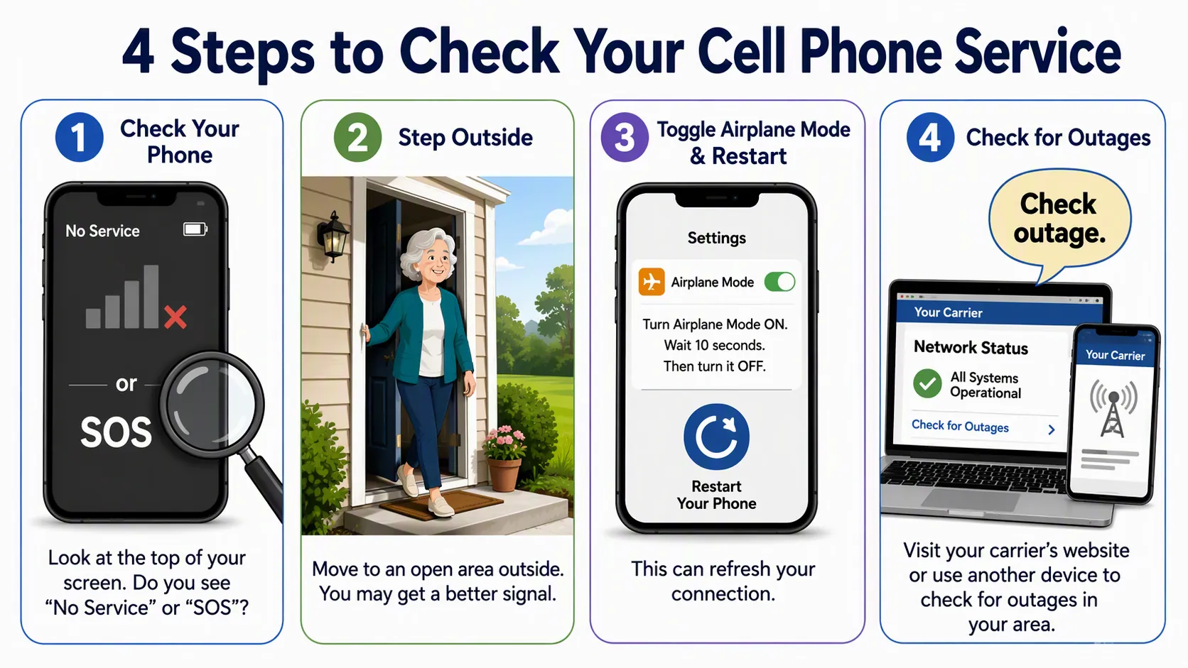 Four-panel flow showing No Service, stepping outside, Airplane Mode reset, and checking an outage page