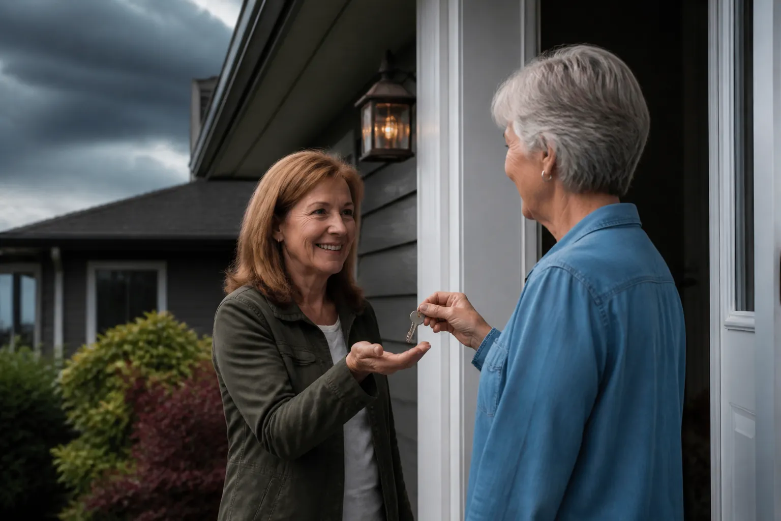 Older adult handing a spare house key to a trusted neighbor at the front door before a storm
