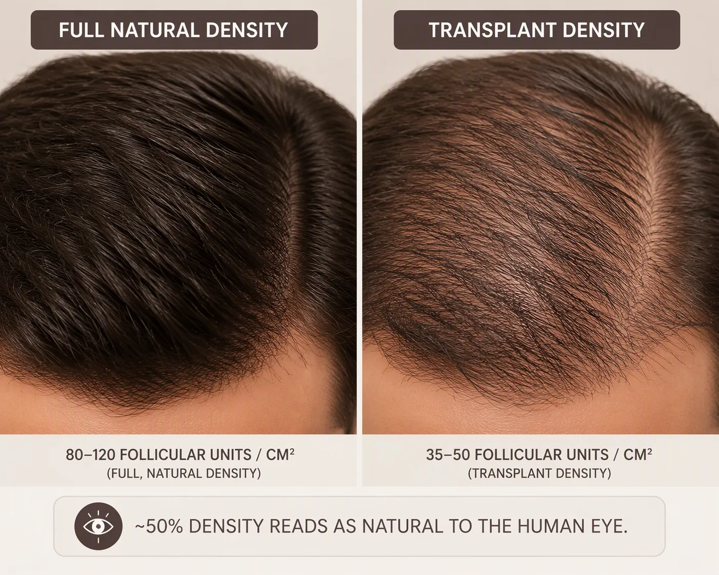 Medical illustration comparing full natural scalp density with lighter but natural-looking transplant density