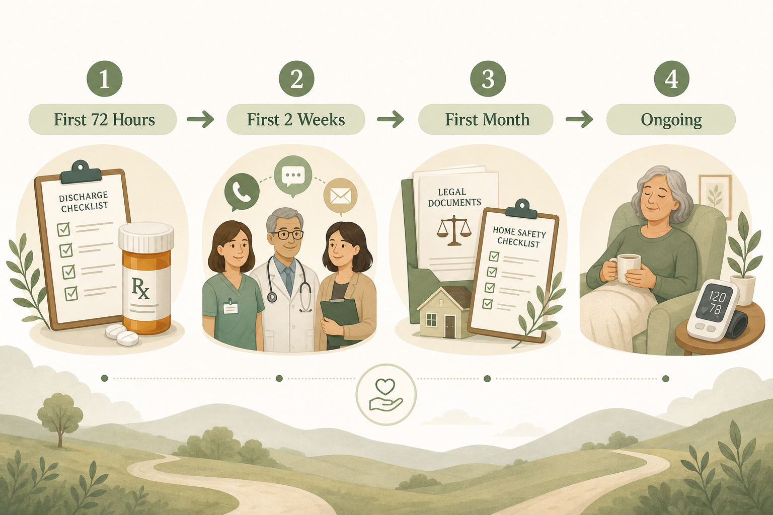 A horizontal editorial illustration showing four connected stages in a progression from left to right: First 72 Hours, First 2 Weeks, First Month, and Ongoing.