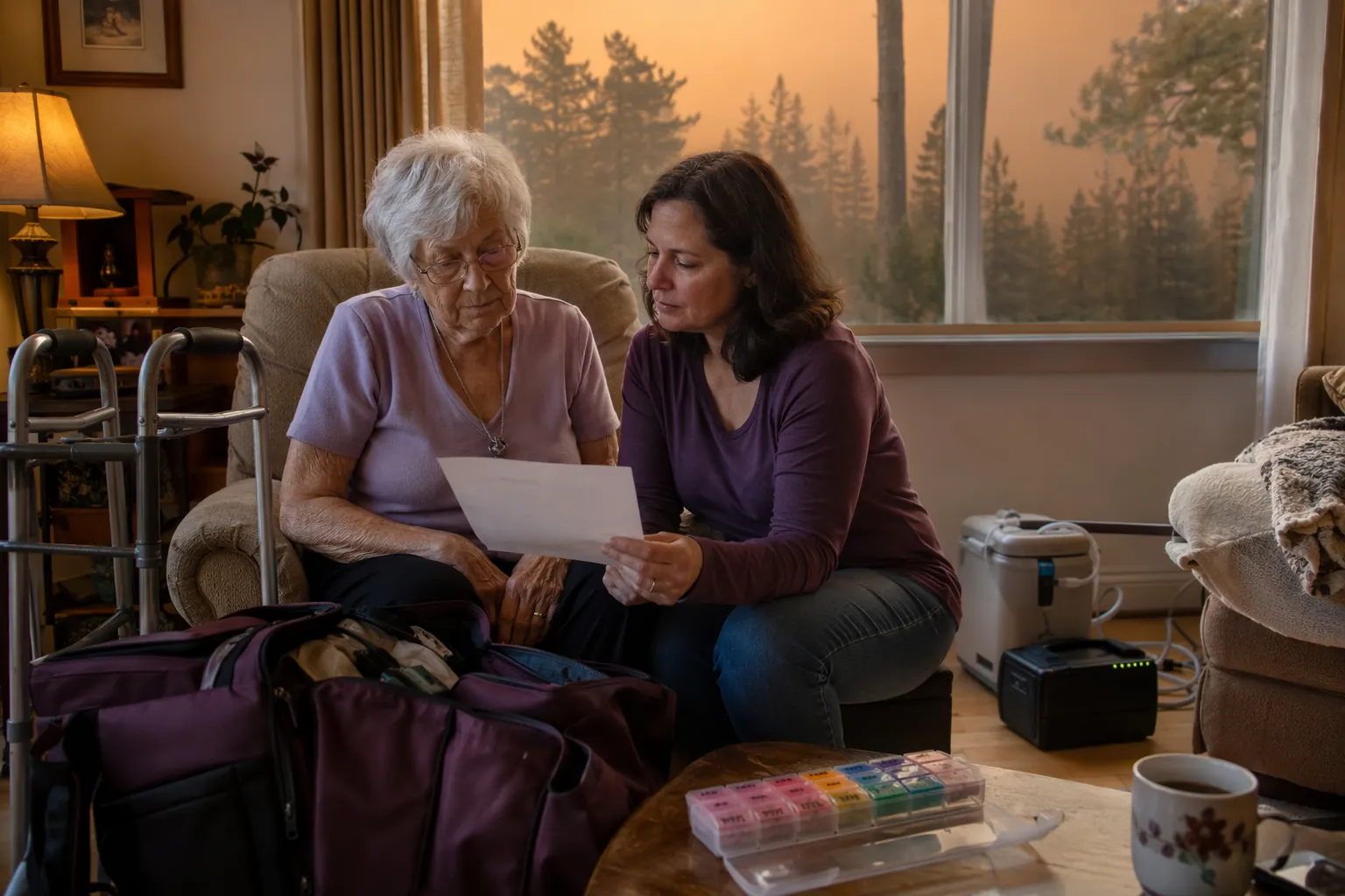 Adult daughter reviewing a wildfire evacuation checklist with her elderly mother beside a walker, go-bag, pill organizer, and oxygen unit