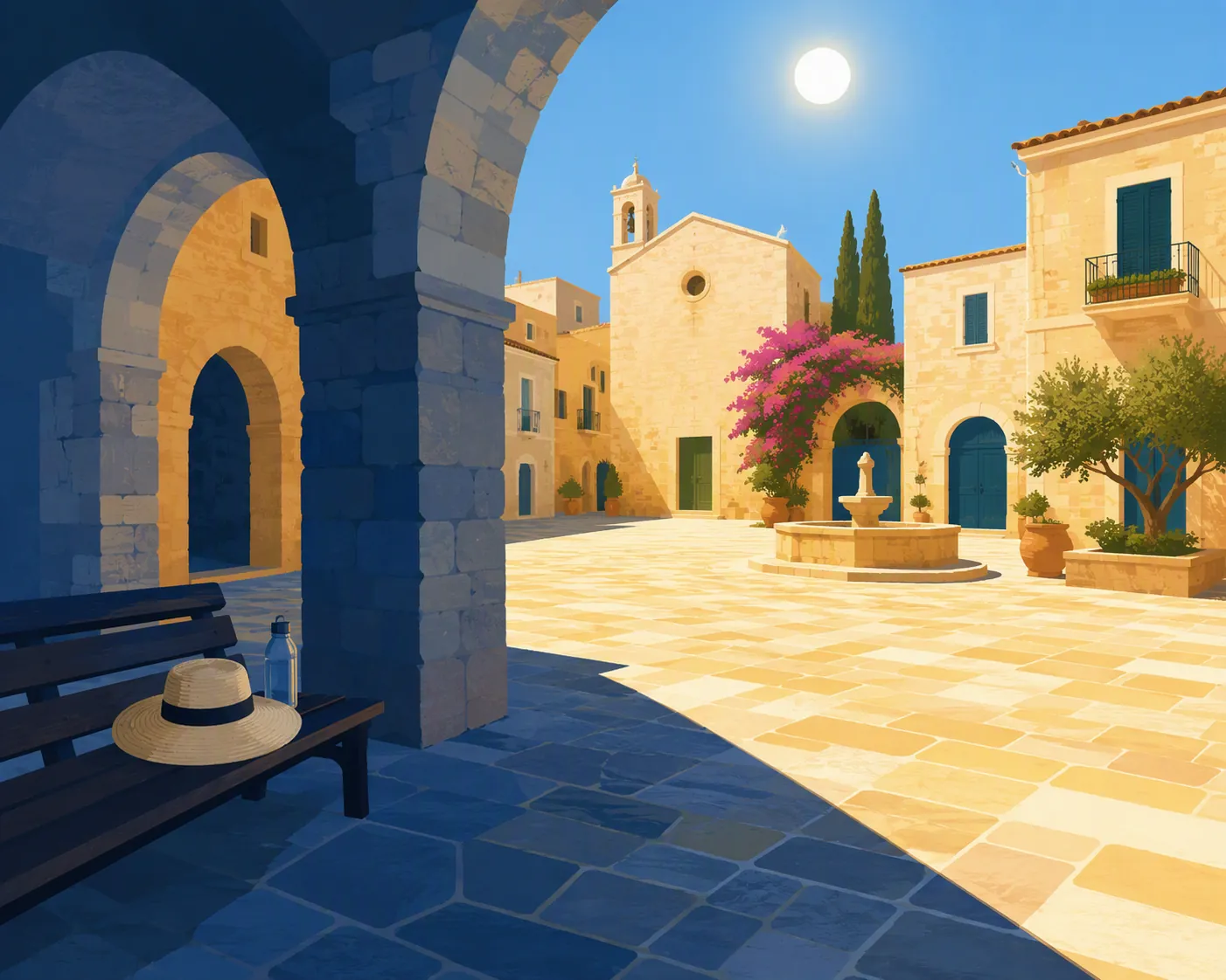 Mediterranean stone square at midday with bright sun on paving and deep shade beneath arcades