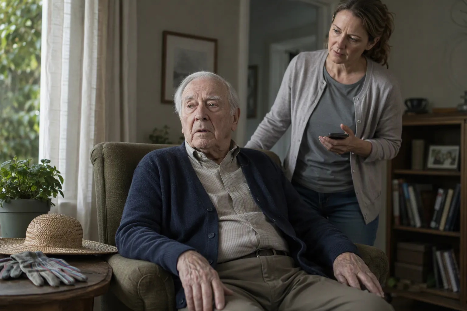 Confused older man slumped in an armchair while an adult daughter holds a phone nearby, with gardening gloves and a sun hat on a side table