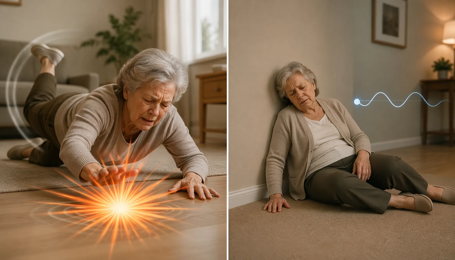 Illustration comparing a hard impact fall with a slow slide against a wall