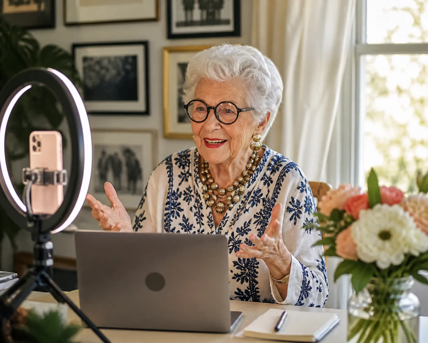 Older woman at a sunlit desk with a laptop, smartphone, and ring light setup