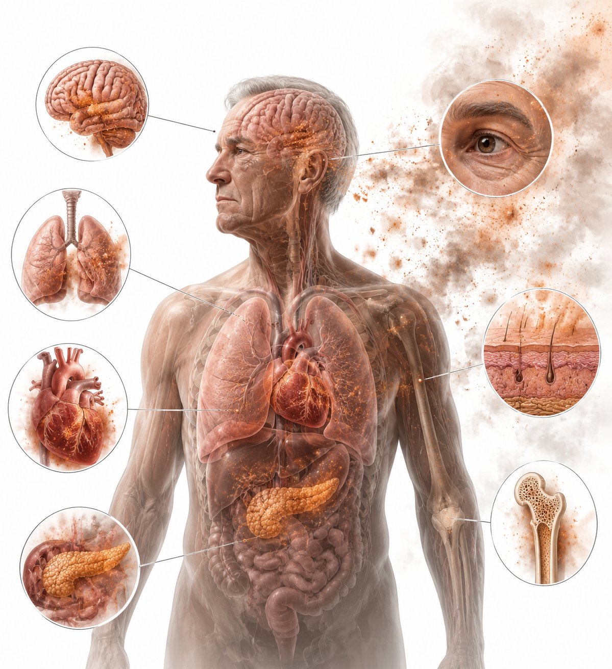 Medical-style illustration of an older adult silhouette with lungs, heart, brain, eyes, skin, skeleton, and pancreas region highlighted as smoke particles enter the body