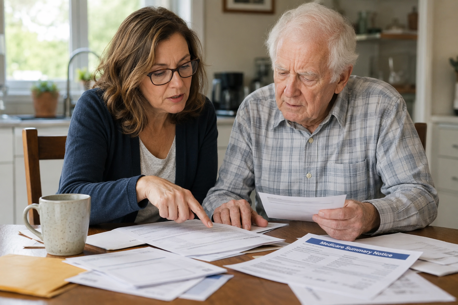 Adult daughter reviewing Medicare-style paperwork with her elderly father at a kitchen table