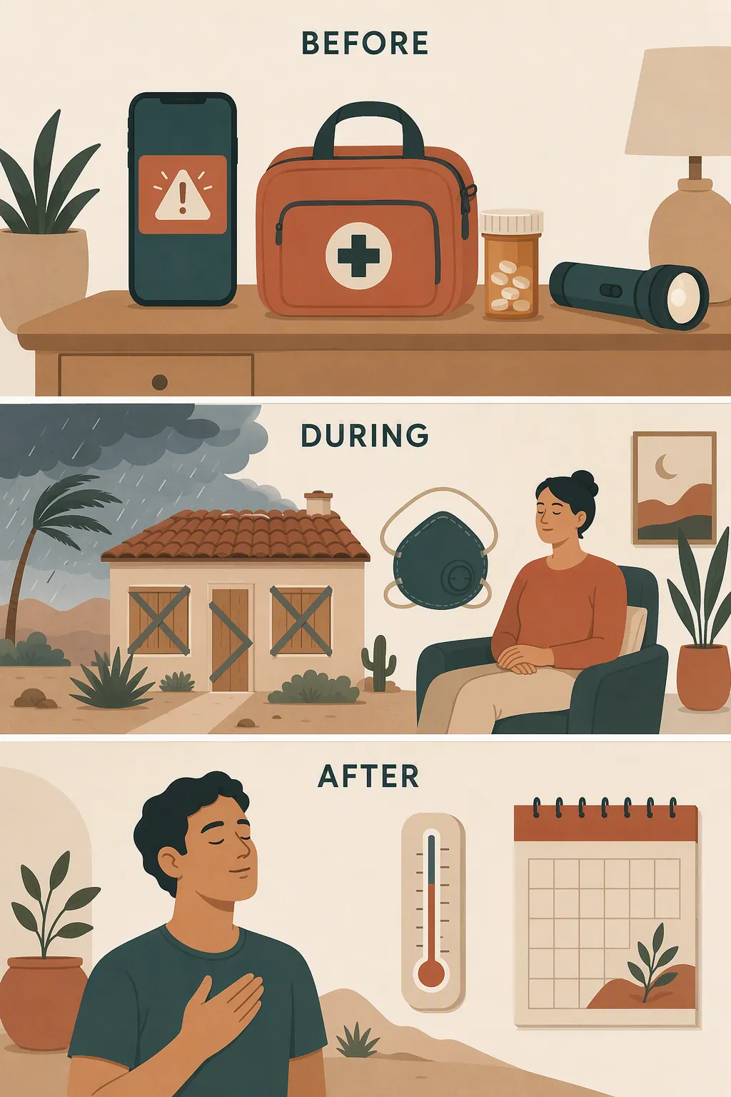 Three-panel illustration of before, during, and after dust storm safety steps with an alert, emergency kit, sealed home, and symptom calendar