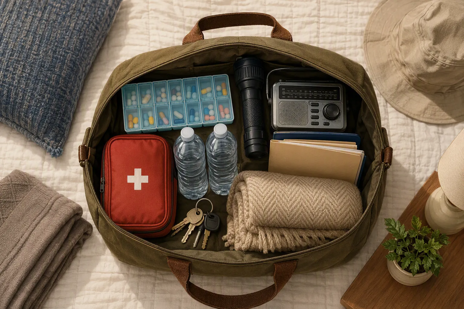 Senior emergency go-kit with pill organizer, flashlight, radio, water, first-aid kit, documents, spare keys, and blanket