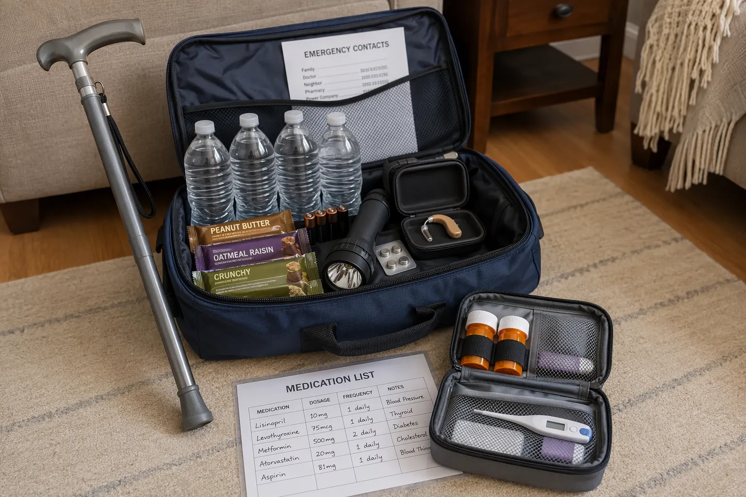 Emergency preparedness bag with water, food bars, flashlight, hearing aid batteries, cane, medications, thermometer, and medication list