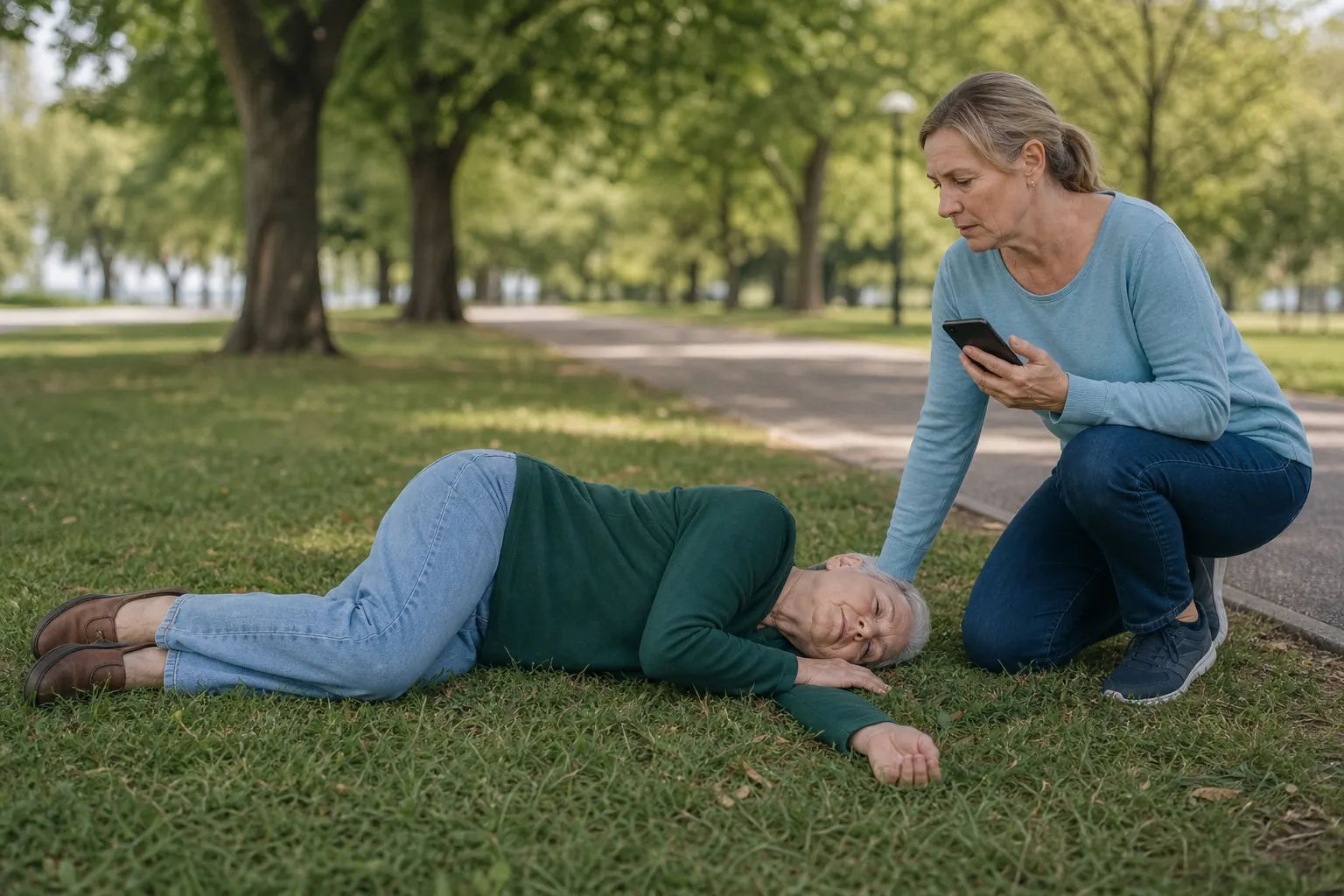 An elderly person in the recovery position beside a walking path while a caregiver waits nearby with a phone