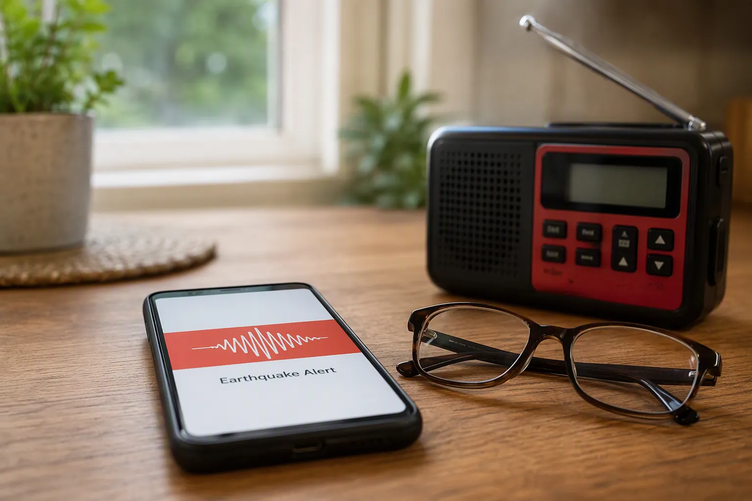 Smartphone with an earthquake alert on a kitchen table beside reading glasses and a weather alert radio