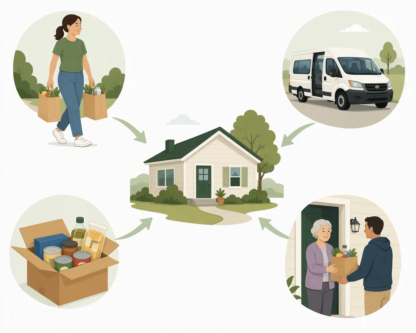 Illustration of volunteer grocery delivery, a senior shuttle, a food-bank box, and neighbor help converging on a rural home