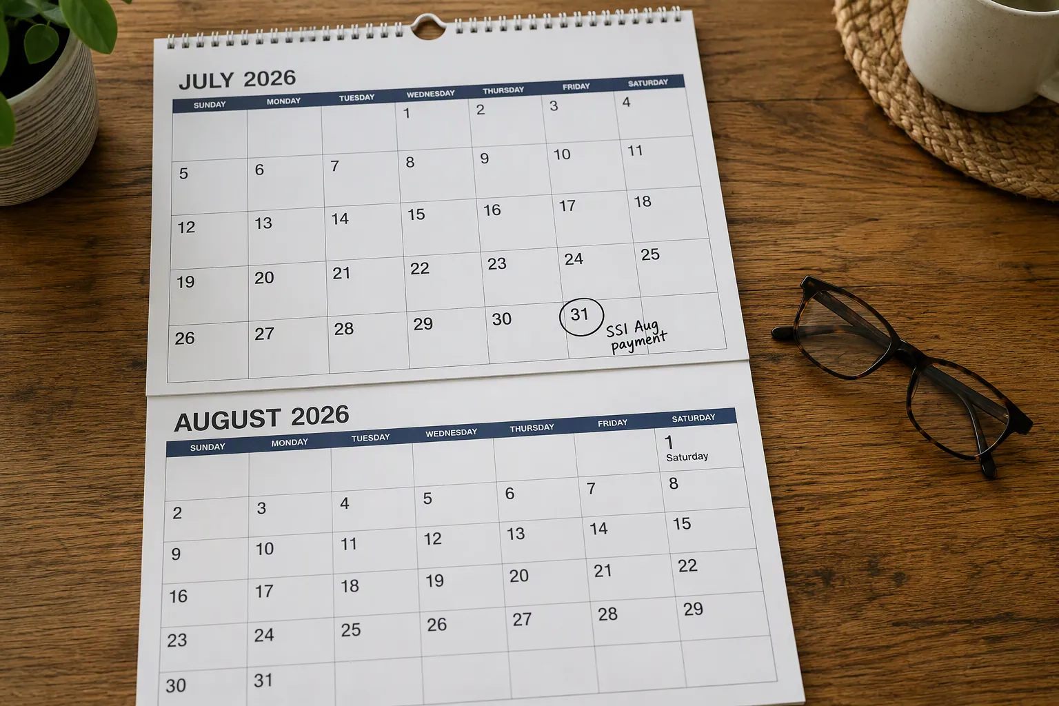 Open kitchen-table calendar with July 31 circled as the August SSI payment date and August 1 marked as Saturday