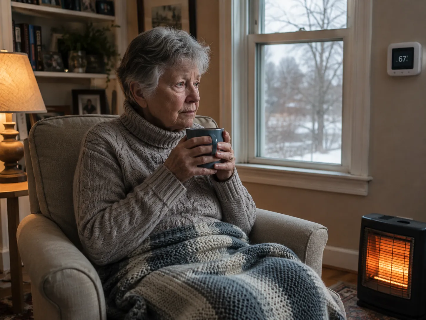 Older adult seated in a cool winter living room with a thermostat reading 67 degrees Fahrenheit