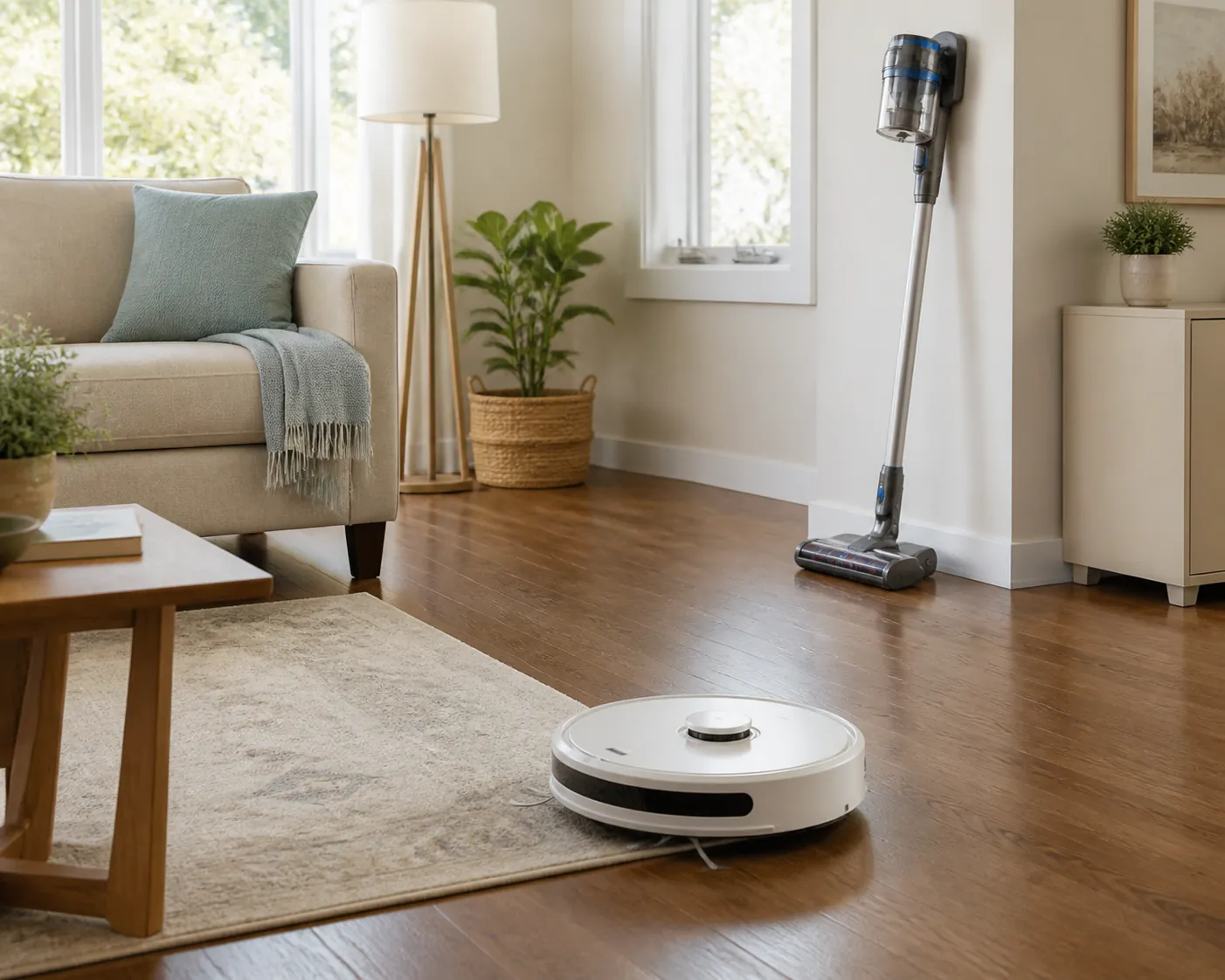 A robot vacuum cleaning a hardwood floor while a cordless stick vacuum rests nearby in a bright senior-friendly living room