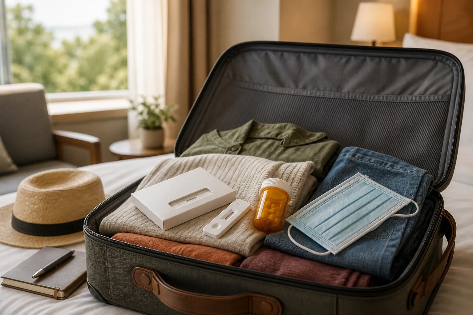 Open suitcase with a rapid antigen test kit, pill bottle, and folded mask packed for an older traveler