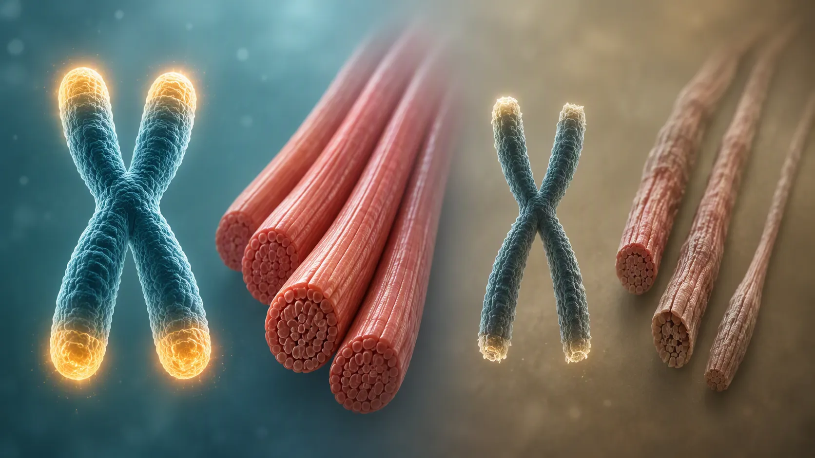 Scientific illustration showing protective chromosome caps beside healthy and thinning muscle fibers
