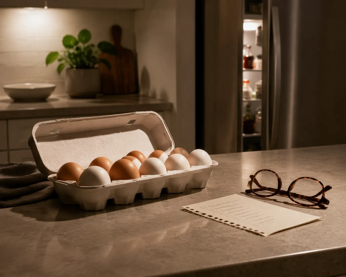 Open refrigerator with an egg carton, reading glasses, and a handwritten note on the kitchen counter