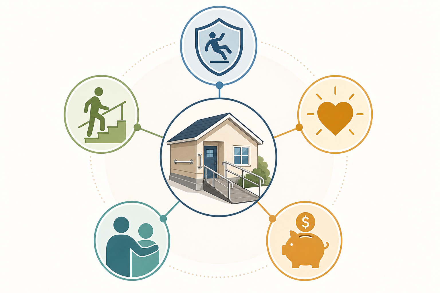 A clean editorial infographic showing a house icon at the center with five radiating nodes — a shield for fall prevention, a person climbing stairs for ADL independence, a heart for quality of life, two people for caregiver burden, and a savings symbol for cost-effectiveness — connected by minimal lines in warm professional colors.