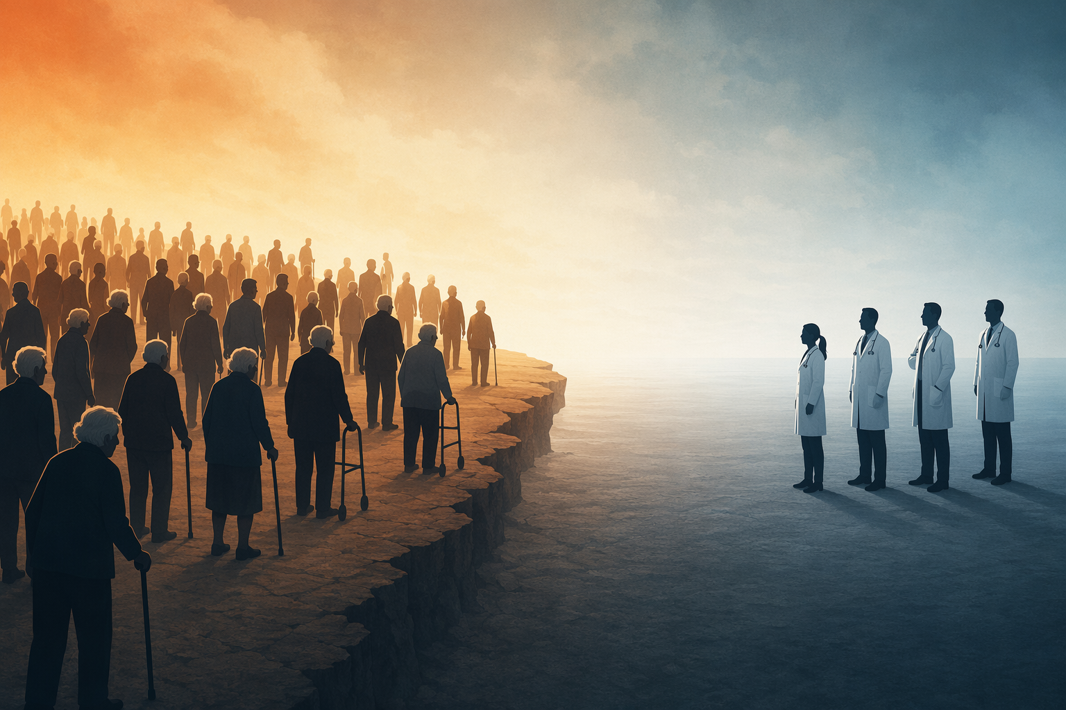 A conceptual editorial illustration showing a large crowd of silhouetted senior figures on the left and a much smaller group of doctor silhouettes on the right, with a visible empty gap between them.
