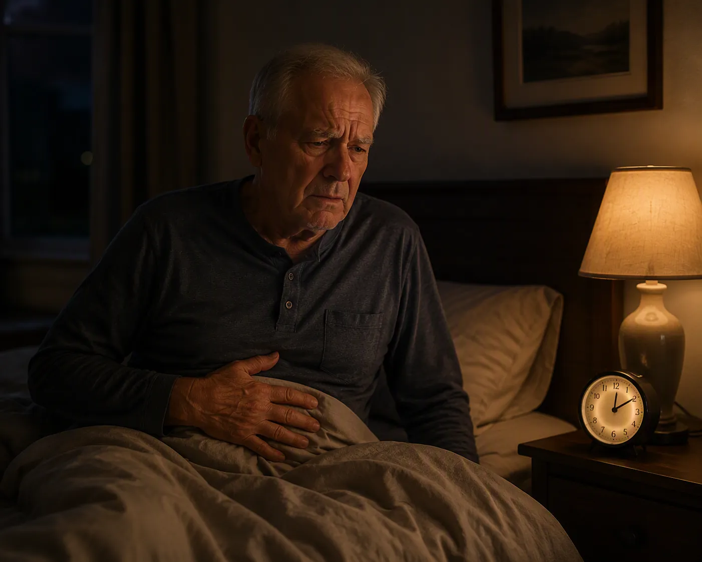 Older adult awake around 2 a.m. with stomach discomfort after dinner