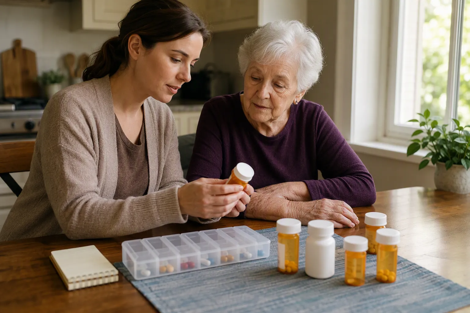 Caregiver and older adult at a kitchen table with prescription bottles, a weekly pill organizer, and notes for a medication review