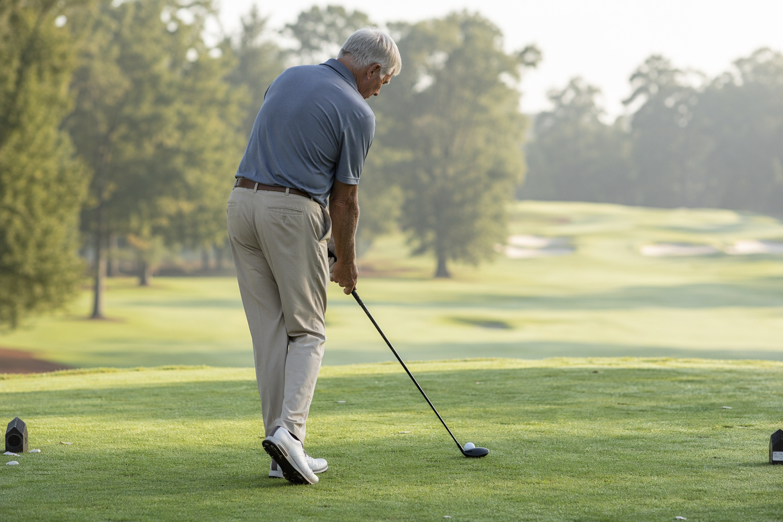 Senior golfer demonstrating a narrow stance with the trail foot pulled back while holding a hybrid