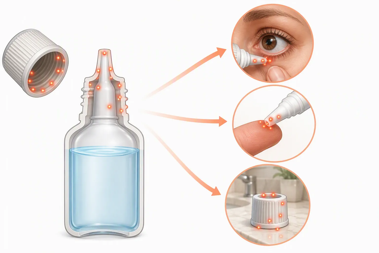 Eye drop bottle cross-section showing contamination concentrated around the dropper tip and cap