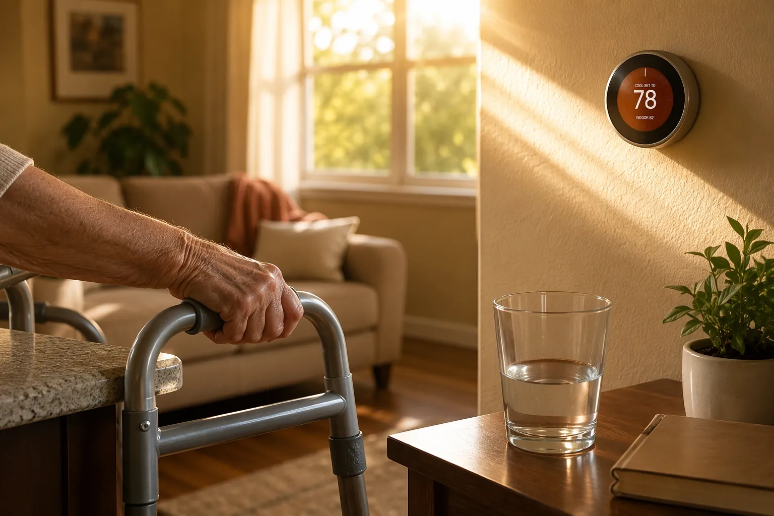 An older adult's hand near a walker beside a half-full glass of water in a warm living room