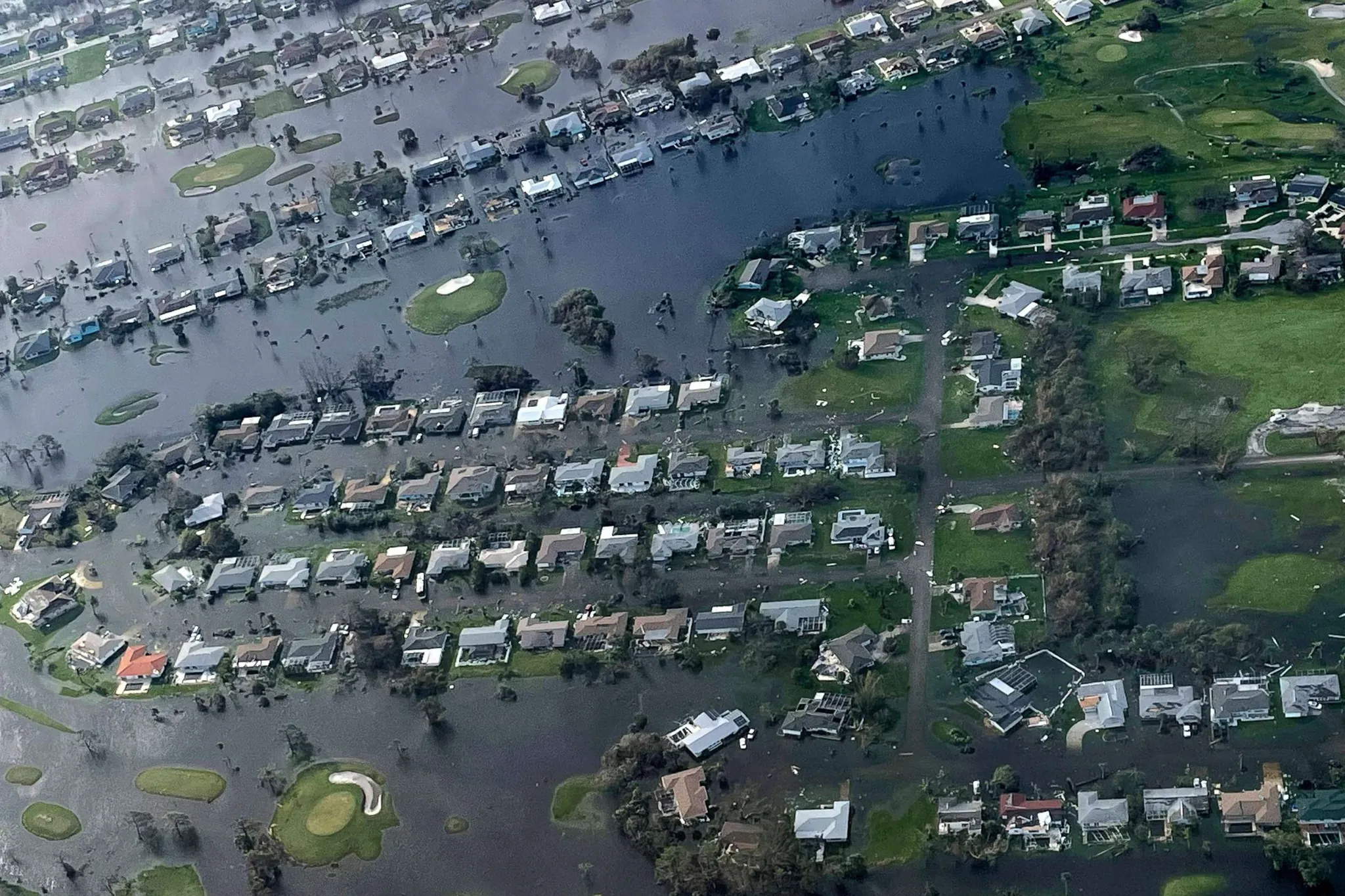 Aerial view of Fort Myers neighborhoods flooded by storm surge after Hurricane Ian
