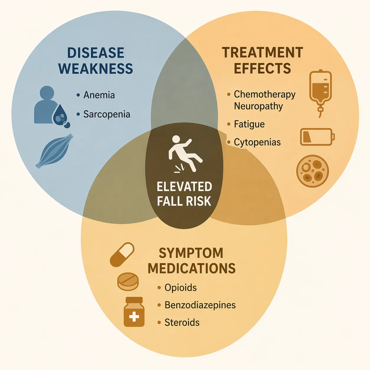 Diagram showing disease weakness, treatment effects, and symptom medications converging into elevated fall risk