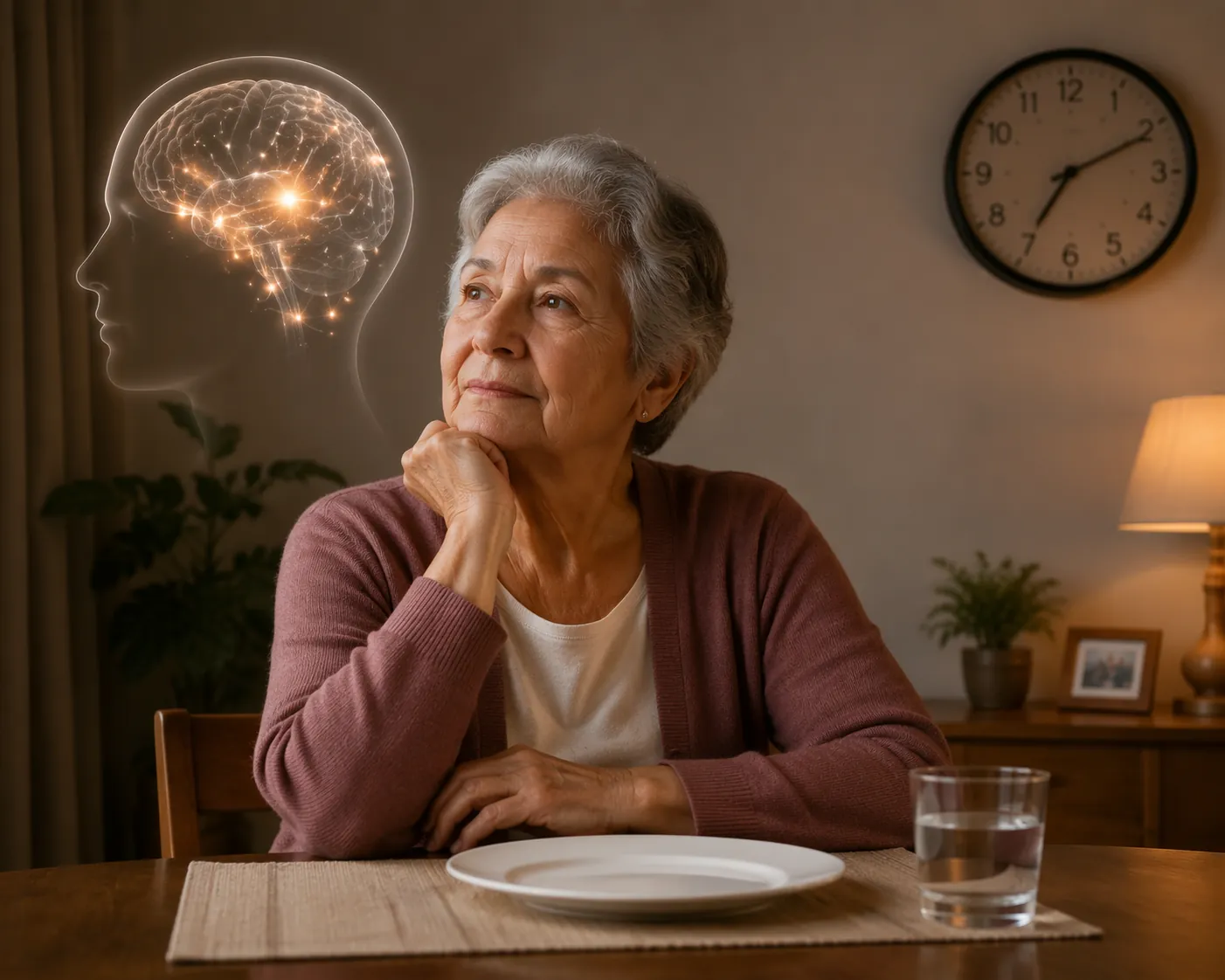 An older adult at an evening dining table with an empty plate and a soft brain silhouette suggesting meal timing and memory