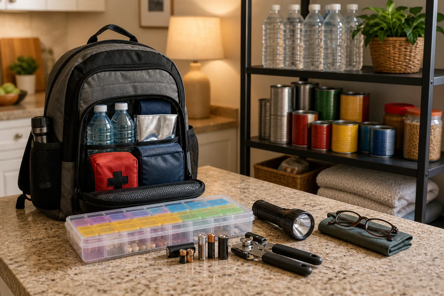 Senior emergency supply station with go-bag, bottled water, canned food, medications, batteries, flashlight, can opener, and reading glasses