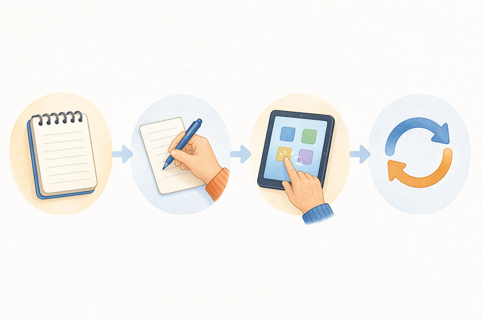 A clean four-step editorial illustration with minimalist icons arranged horizontally: a notepad icon, a hand writing on paper, a hand touching a tablet screen, and a circular refresh arrow, connected by soft arrows.