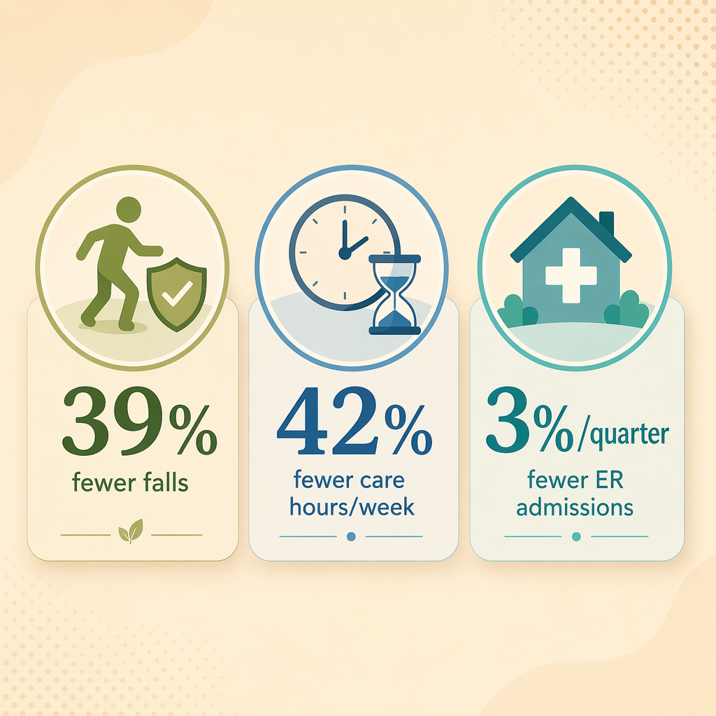 Three evidence callout badges showing 39% fewer falls, 42% fewer care hours per week, and 3% per quarter fewer ER admissions.