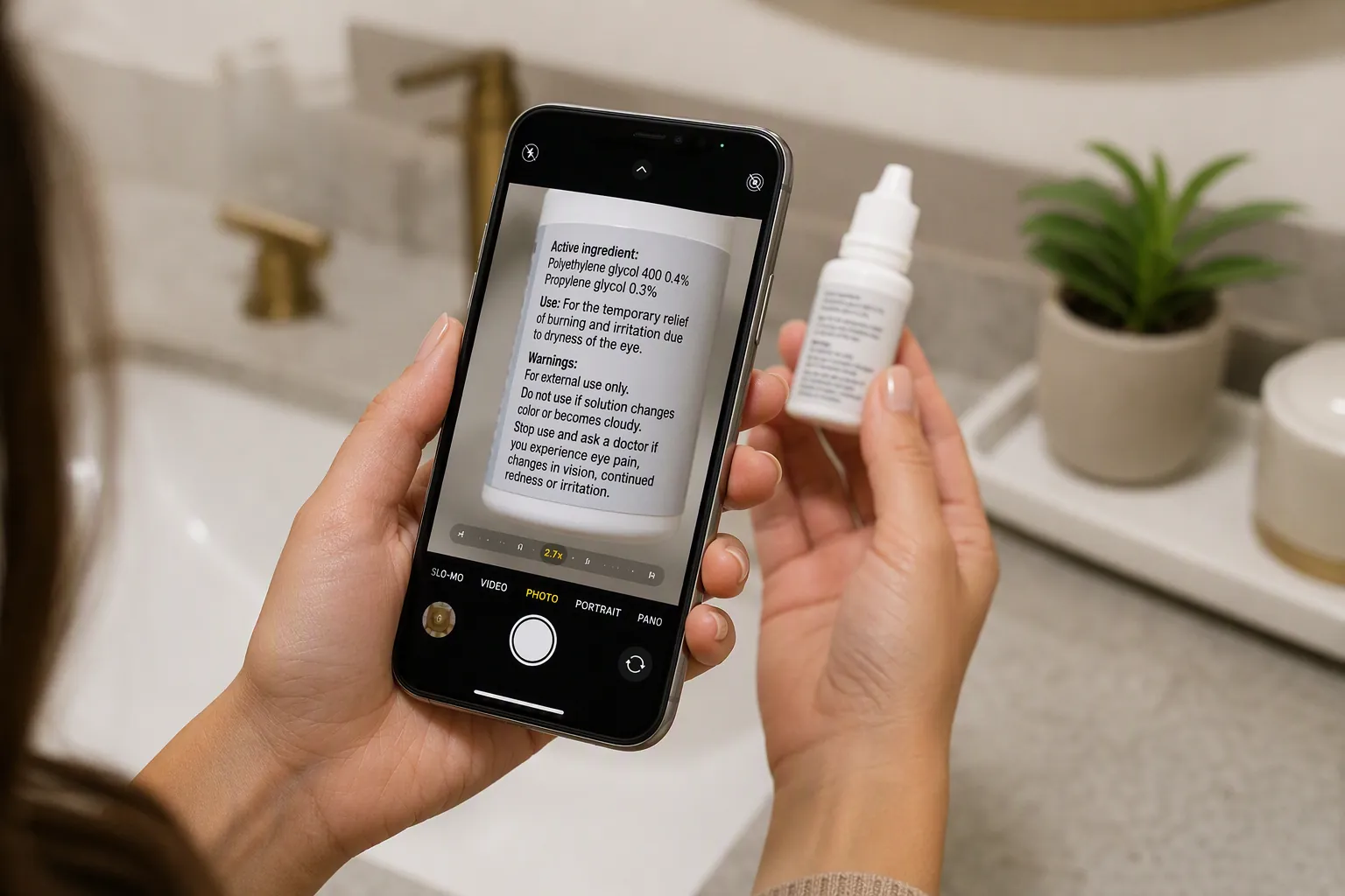 Phone camera magnifying fine print on an eye drop bottle label