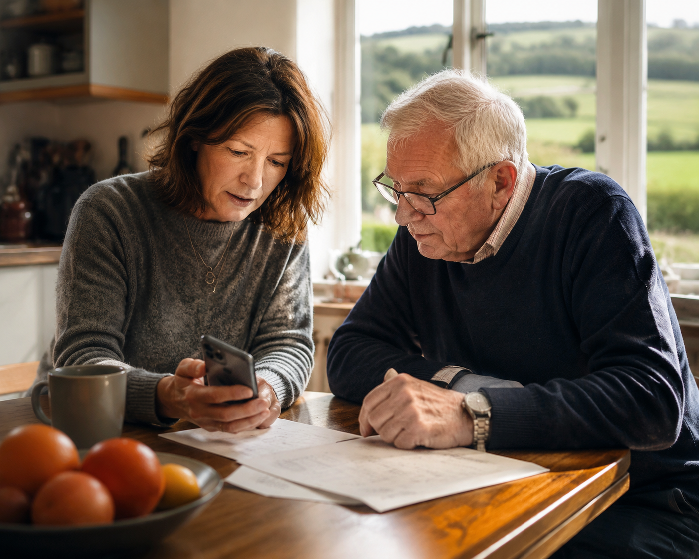A caregiver and elderly father at a kitchen table reviewing phone notes and paperwork