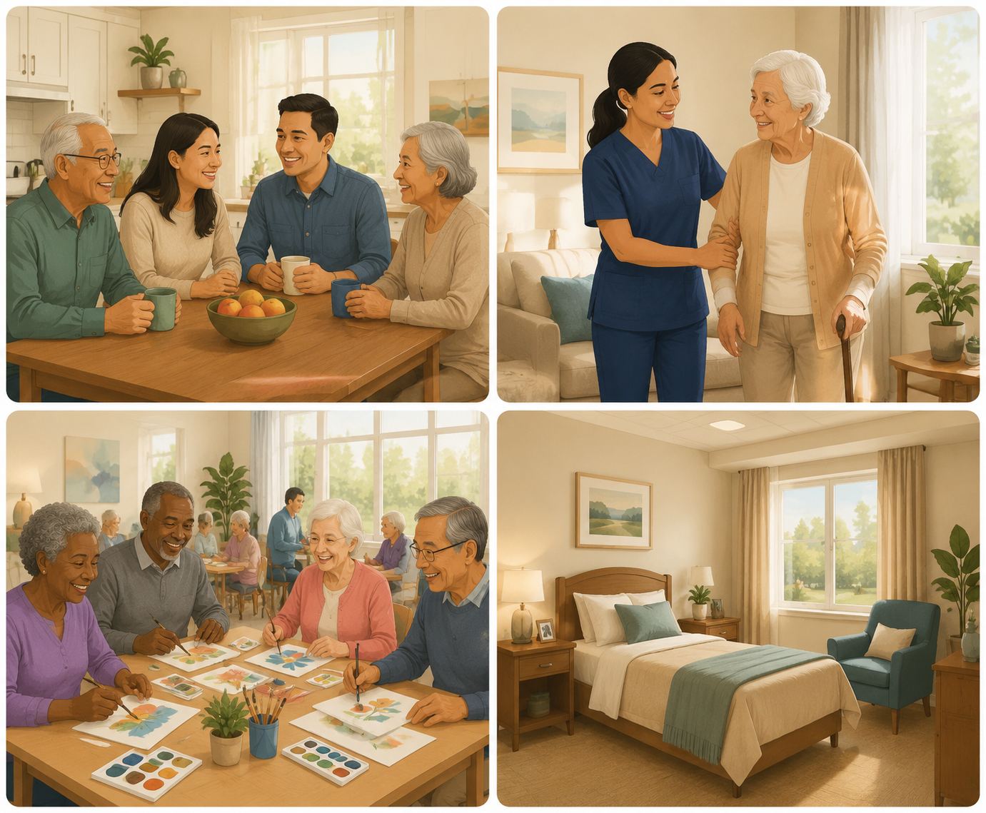 Illustration comparing informal respite, in-home respite, adult day care, and residential respite