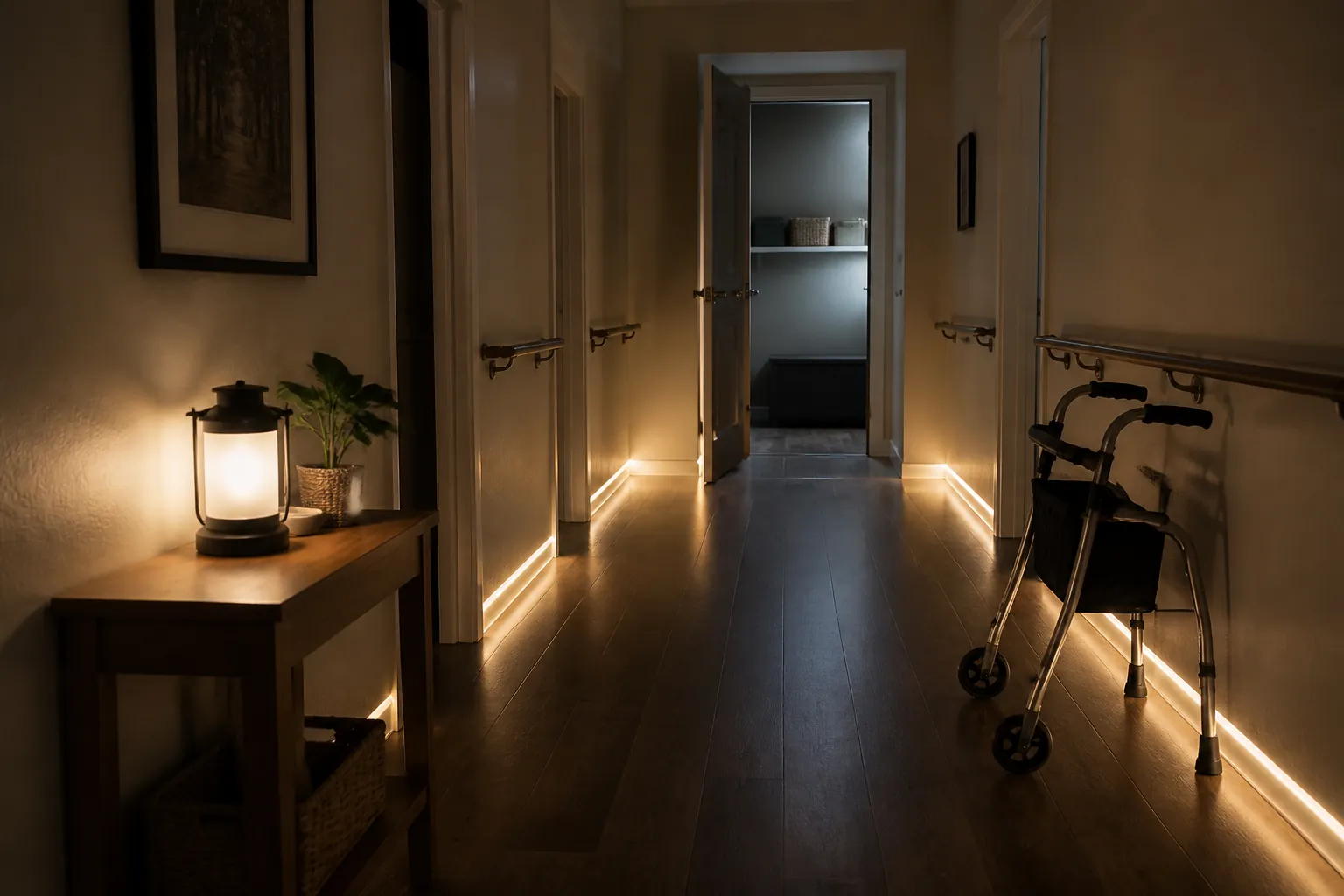 Senior-friendly hallway during a power outage with battery lighting, clear path, grab bars, and a safe-room door